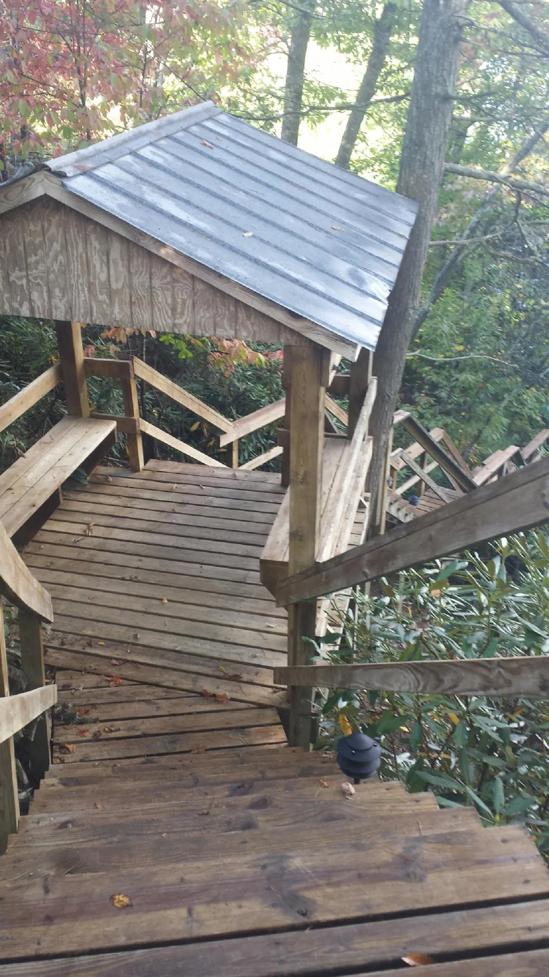 Metal roofed shelter over wooden steps on a wooded walkway — Skylight Repair & Installation work by our crew in Orinda